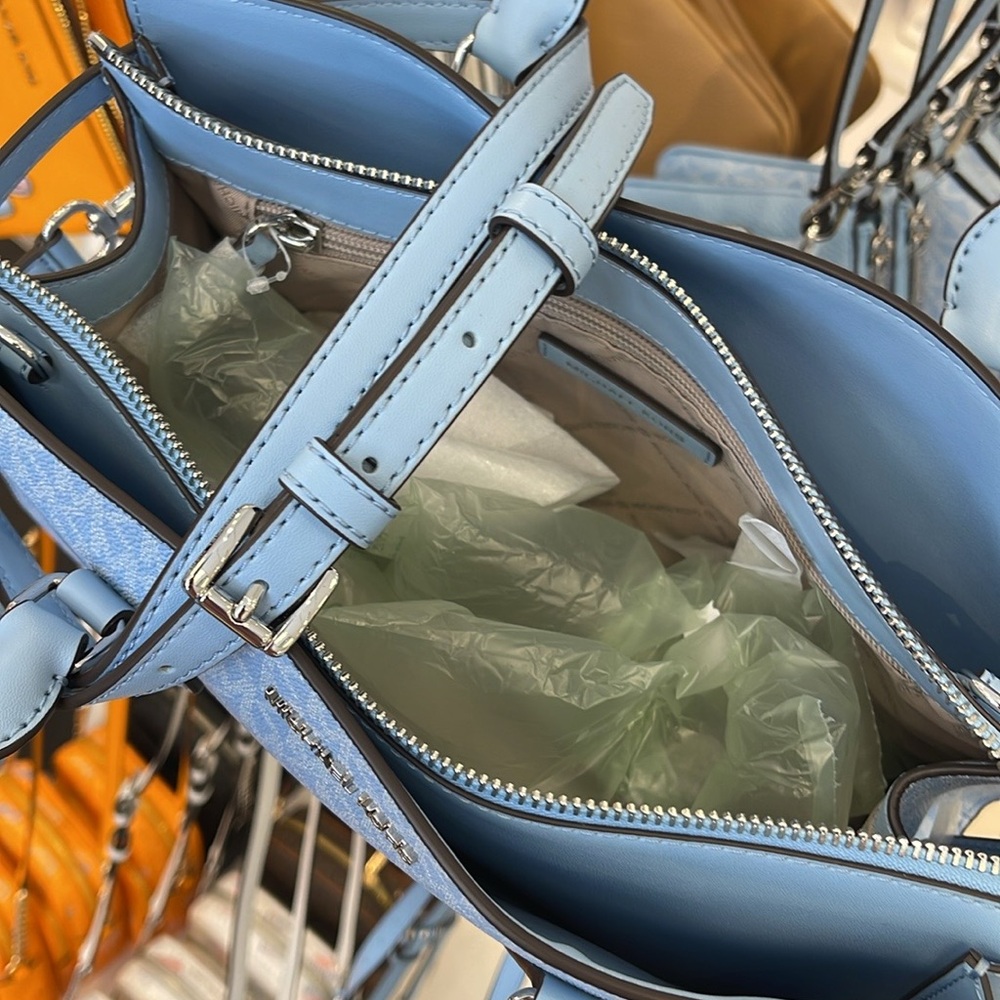 MICHAEL KORS Sheila Medium Logo CZ Satchel Crossbody Bag 
Light Sky
NWT - Picture 7 of 16